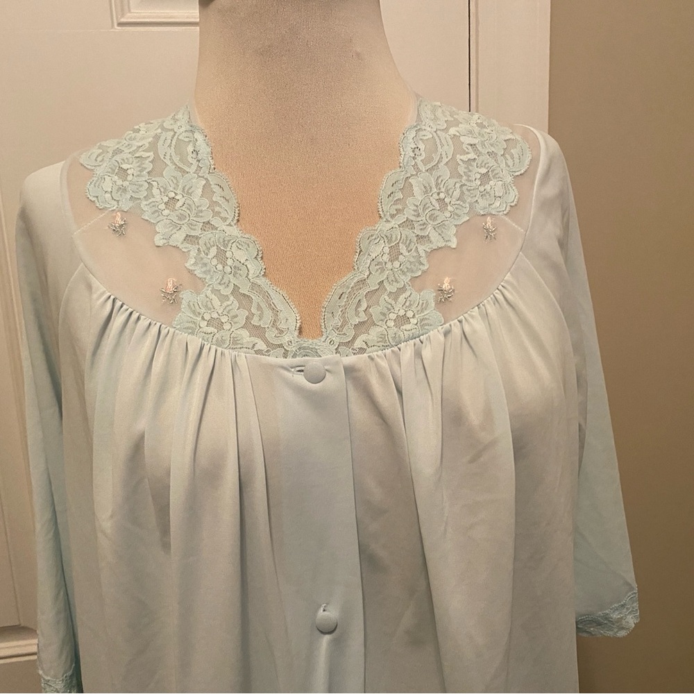 Lace-Trim Button-Front Blue Nylon Robe Women's